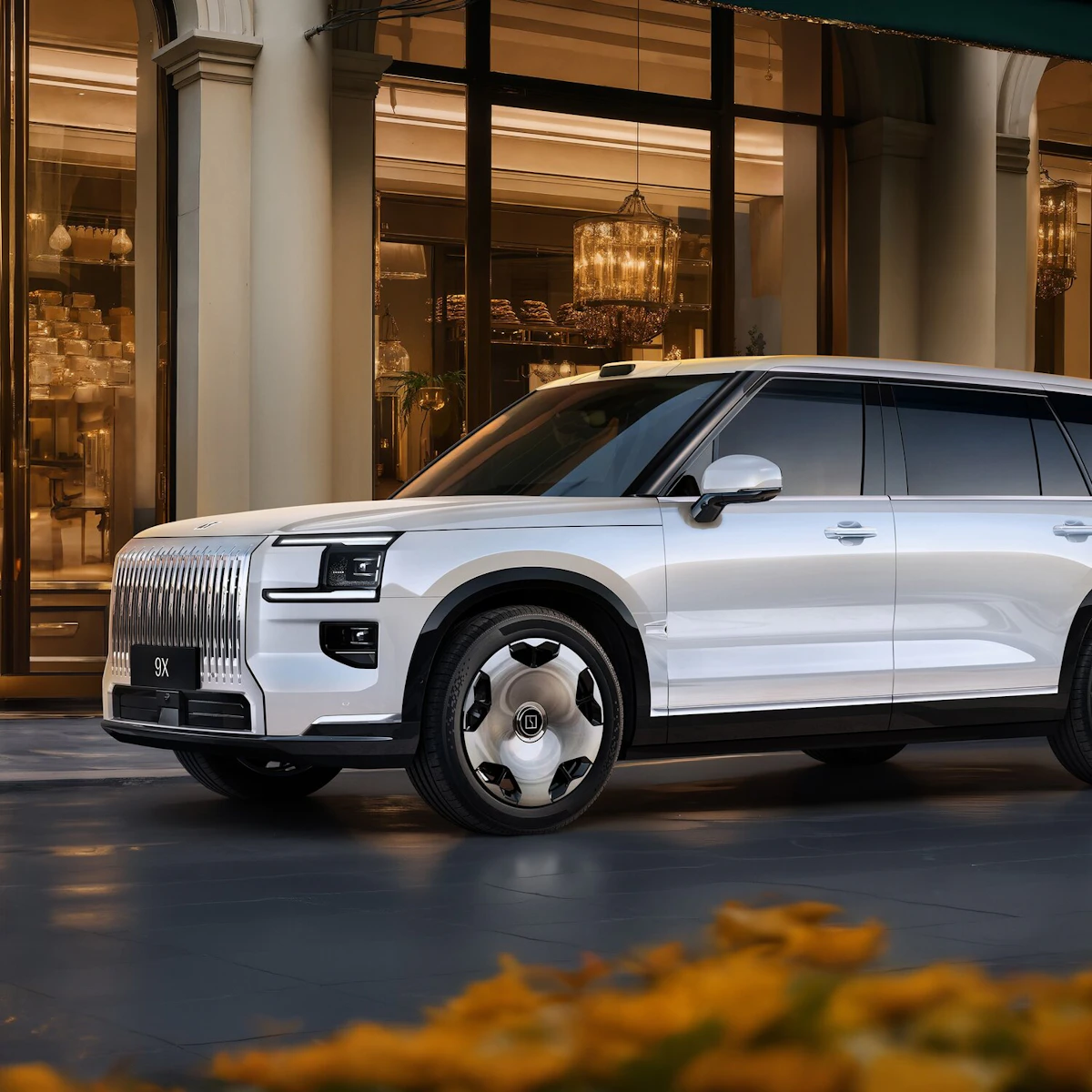 Zeekr 9X in Crystal White in urbaner Umgebung